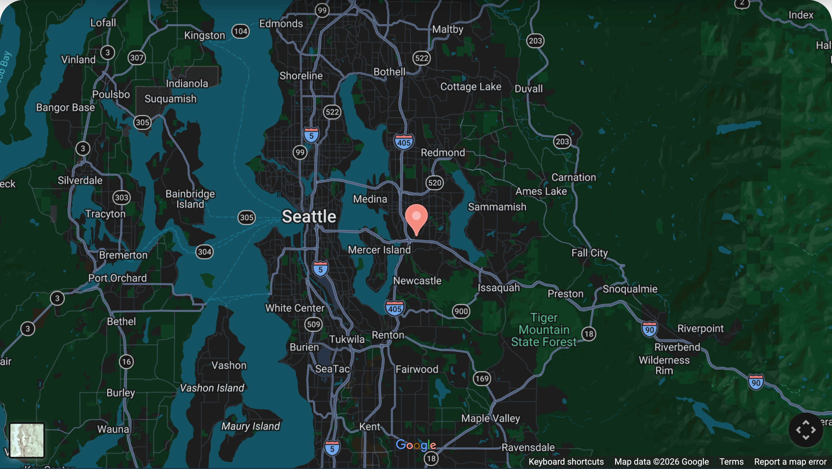 Map showing Boost Baseball in Bellevue, Washington, relative to Seattle and the Eastside