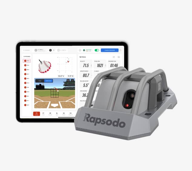 Rapsodo pitching monitor with tablet readout during a Boost Baseball bullpen.